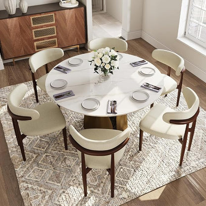 POVISON Round Dining Table for 6, Modern Marble Dining Room Table 59" Glossy White Sintered Stone Kitchen Table with Bronze Carbon Steel Pedestal (Table Only)