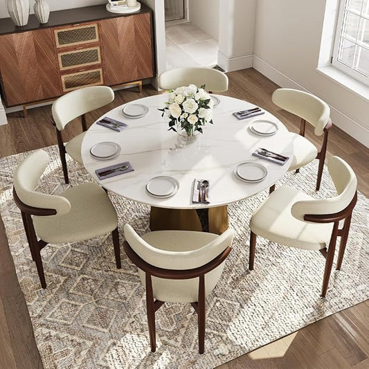 POVISON Round Dining Table for 6, Modern Marble Dining Room Table 59" Glossy White Sintered Stone Kitchen Table with Bronze Carbon Steel Pedestal (Table Only)