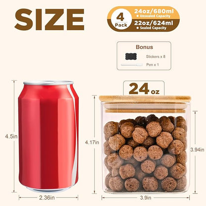 Glass Food Storage Jars Square 24oz, 4 Pack Glass Jars With Bamboo Lids, Kitchen Storage Containers For Spice, Candy, Cookie, Storage For Pantry Organizers