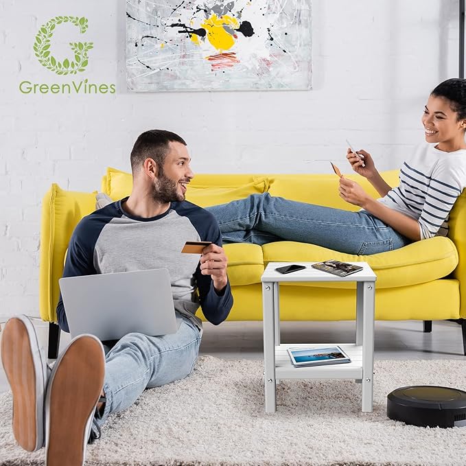 GREENVINES Outdoor Rocking Chair Set | 3-Piece | 2 Rocking Chairs with 1 Side Table | Porch Rocker | HDPE Plastic | White | Patio Furniture Sets | High Back | Big & Tall | Ladder Back