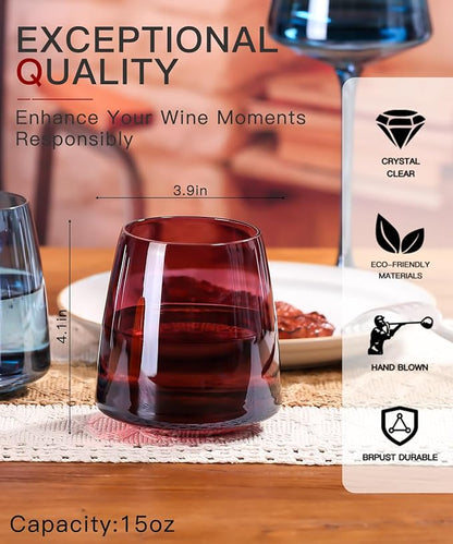 Stemless Colored Wine Glasses Set of 6-15oz Colorful Wine Glasses,Perfect Red Wine Glass Stemware for Wine Lover in Wedding,Engagement Gifts