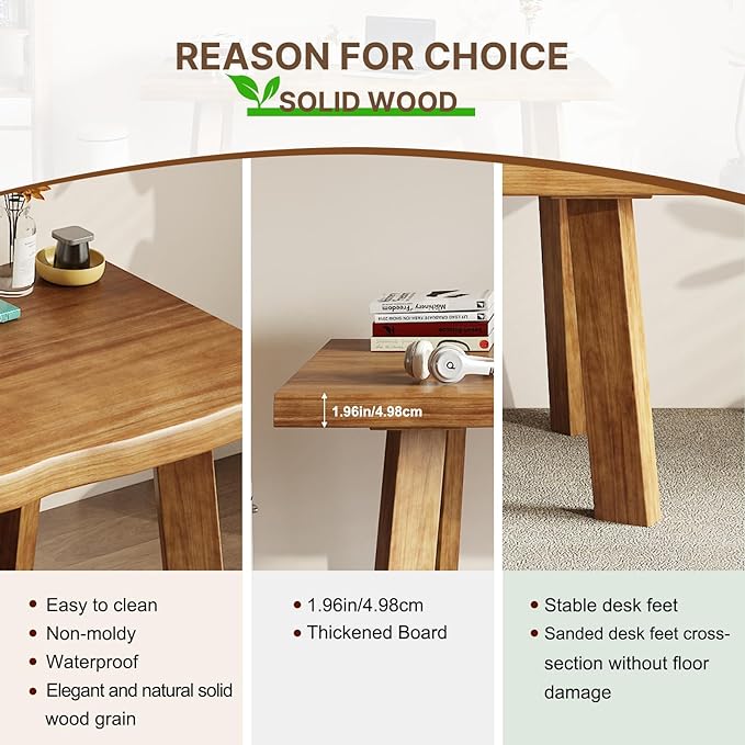 Solid Wood Desk 55 inches, Wood Computer Desk,Home Office Desk Wooden Rustic Writing Desk Modern Simple Design,Ideal for Study, Writing, Dining