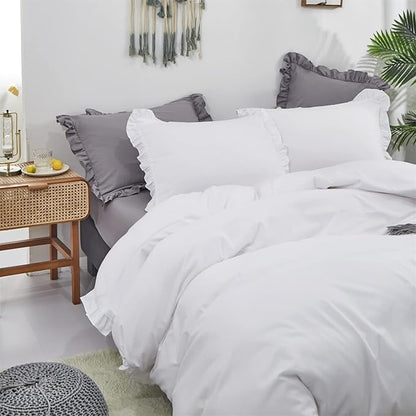 Pureant White Ruffle Comforter Set Twin Boho White Lace Bedding Comforter Vintage Farmhouse Comforter Women Girls Solid White Shabby Chic Bed Quilts Plain White Lightweight Fluffy Ruffled Fringe Bed