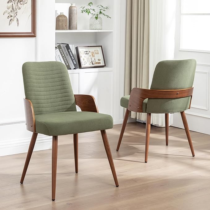 Dining Room Chairs Set of 4,Mid Century Modern Kitchen Chairs,Green Corduroy Fabric Upholstered Chairs,Metal Legs Wooden Desk Chairs,Armless and No Wheels for Kitchen Dining Room