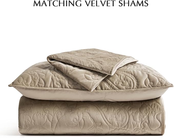 EVERGRACE Luxury Pearl Velvet Quilt Set Queen Size 3 Pieces, Soft Paisley-Stitch Velvet Comforter Set with Pillow Shams, Lightweight Bedspread Coverlet Bedding Set, Natural