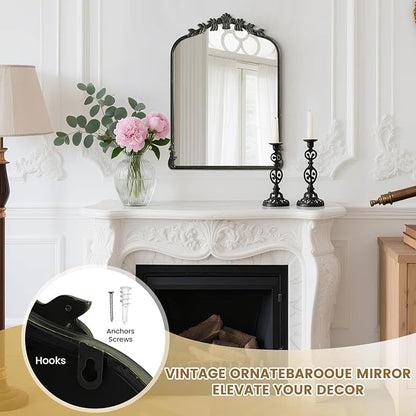 WallBeyond Black Antique Mirror for Vanity 22x30 Inch, Black Vintage Mirror with Ornate Frame, Arched Vintage Wall for Bathroom, Living Room, Fireplace
