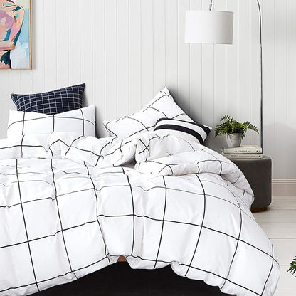 CLOTHKNOW White Plaid King Size Comforter Set 3Pcs Grid Bedding Comforter Sets All Season Checker Comforter with 2 x Pillowcases