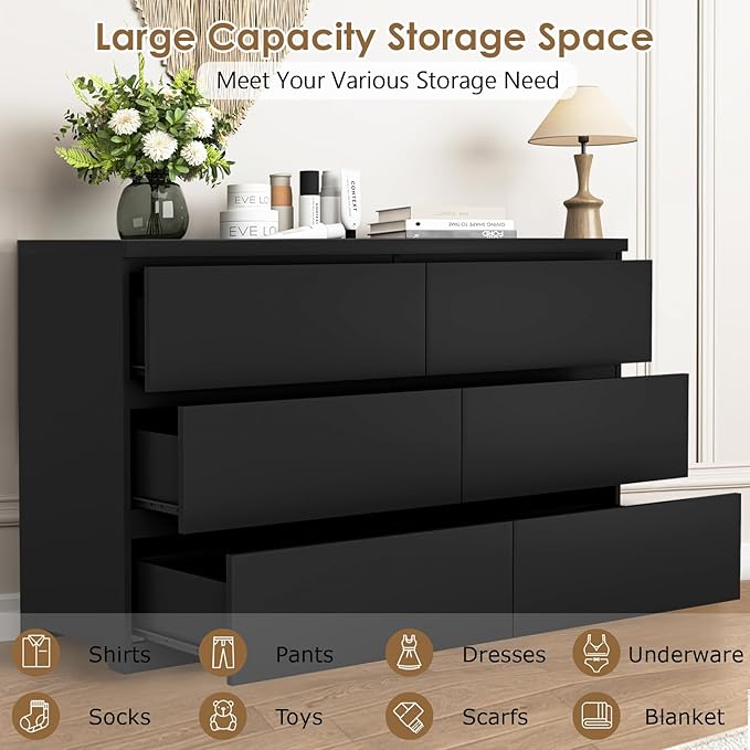 Dresser for Bedroom,Modern Large Wood Dresser,6 Chest of Drawers,Living Room,Hallway,Entryway,TV Stand Drawer Organizer(Black)