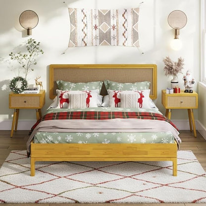 Bme Nipe Bed Frame with Headboard, Bohemian and Mid-Century Modern Style, Solid Rubber Wood Platform Bed with Slat Support, No Box Spring Needed, Easy Assembly, Queen - Natural