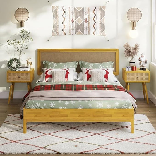 Bme Nipe Bed Frame with Headboard, Bohemian and Mid-Century Modern Style, Solid Rubber Wood Platform Bed with Slat Support, No Box Spring Needed, Easy Assembly, Queen - Natural