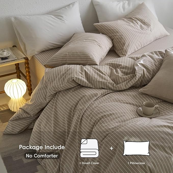 MooMee Striped Duvet Cover Set 100% Washed Cotton Linen Like Textured Breathable Durable Soft Comfy (Tannish Linen Grey White Wide Stripes, Twin 68"x90")