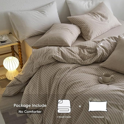 MooMee Striped Duvet Cover Set 100% Washed Cotton Linen Like Textured Breathable Durable Soft Comfy (Tannish Linen Grey White Wide Stripes, Twin 68"x90")