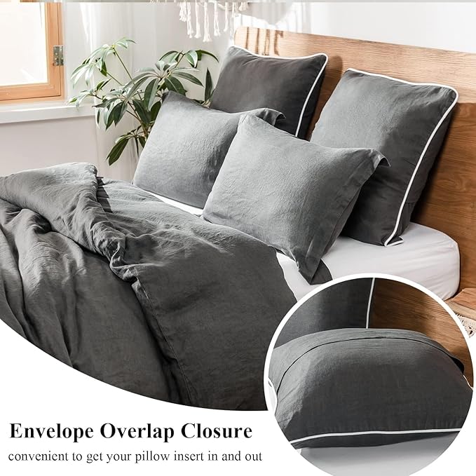 Simple&Opulence 100% Linen Euro Sham Covers with Piping Trim, 26"x26" Pillow Cover Set of 2, Breathable Pillow Shams for Bed Couch Decorative Cushions, Dark Grey