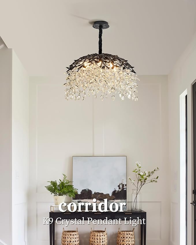 Modern Crystal Chandelier for Dining Room, 8-Light 23.62" Black Tree Branch Chandeliers, Luxury K9 Crystal Rectangular Chandeliers for Kitchen Island Living Room
