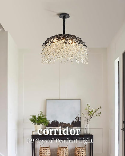 Modern Crystal Chandelier for Dining Room, 8-Light 23.62" Black Tree Branch Chandeliers, Luxury K9 Crystal Rectangular Chandeliers for Kitchen Island Living Room