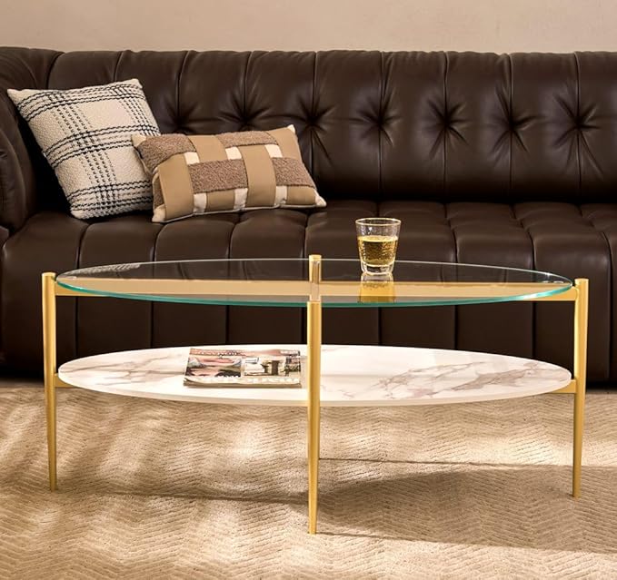 AGV LIGHTING Oval Coffee Table, Mid-Century Modern Coffee Table, Glass Coffee Table, Glod Finish Legs, Thick Tempered Glass Top with White Marble MDF Shelf