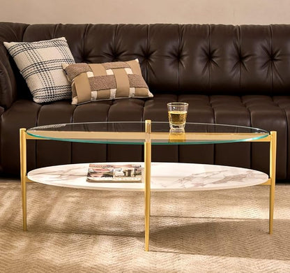AGV LIGHTING Oval Coffee Table, Mid-Century Modern Coffee Table, Glass Coffee Table, Glod Finish Legs, Thick Tempered Glass Top with White Marble MDF Shelf