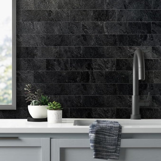 AULIGET 4 Piece Black Slate Peel and Stick Backsplash Wall Tiles, 3" x 6" PVC Faux Stone Stick on Tiles for Backsplash Kitchen, Bathroom, Laundry Room, Camper, Fireplace