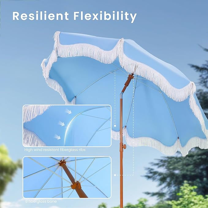 PHI VILLA 7ft Beach Umbrella with Fringe & Sand Anchor, Outdoor Patio Heavy Duty Windproof Portable Tassel Umbrellas for Sand with Push Button Tilt & Carrying Bag, UPF 50+, Light Blue (No Base)