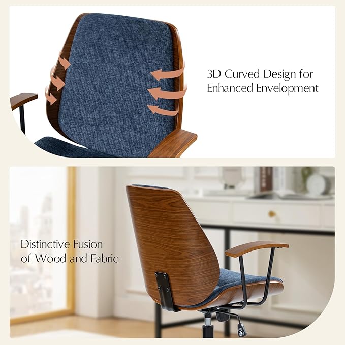 HULALA HOME Solid Wood Office Chair with Rocking Function, Comfy Fabric Desk Chair with Bent Wood and Metal Base, Height Adjustable Swivel Computer Task Chair, Navy