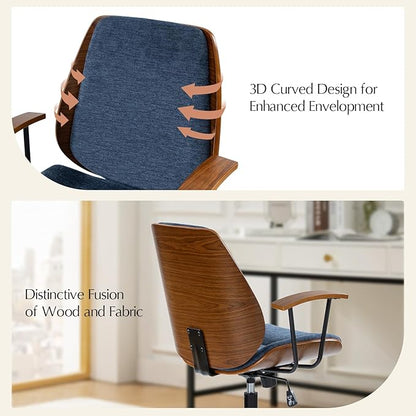 HULALA HOME Solid Wood Office Chair with Rocking Function, Comfy Fabric Desk Chair with Bent Wood and Metal Base, Height Adjustable Swivel Computer Task Chair, Navy