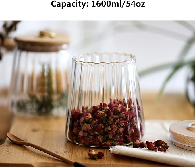 FANTESTICRYAN Glass Coffee Nuts Canister Airtight Storage Jar Petal Decorative Container with Bamboo Lid Metal Handle Easy to Grasp 1600ml, 54 FL OZ (Large Conical)