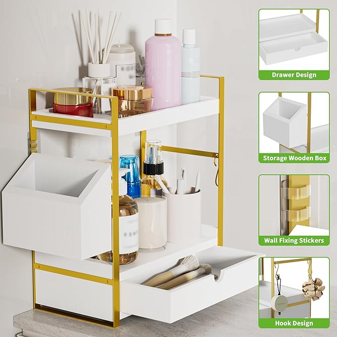 2-Tier Bathroom Counter Organizer with Drawer and Basket, Wood Countertop Organizer for Storage, Skincare Organizers for Vanity, Counter Shelf for Bathroom Organization(White-gold)