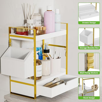 2-Tier Bathroom Counter Organizer with Drawer and Basket, Wood Countertop Organizer for Storage, Skincare Organizers for Vanity, Counter Shelf for Bathroom Organization(White-gold)