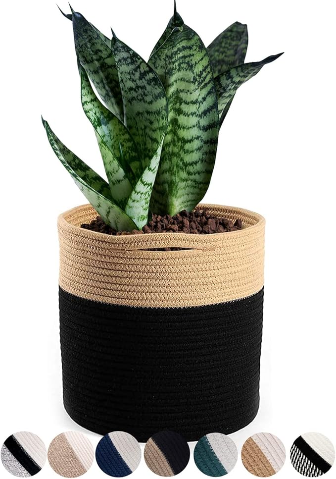 Woven Cotton Rope Plant Basket for 10.5" Flower Pot Floor Indoor Planters Flower Pot, Home Decor Storage Organizer H11 x W11 Black&Brown