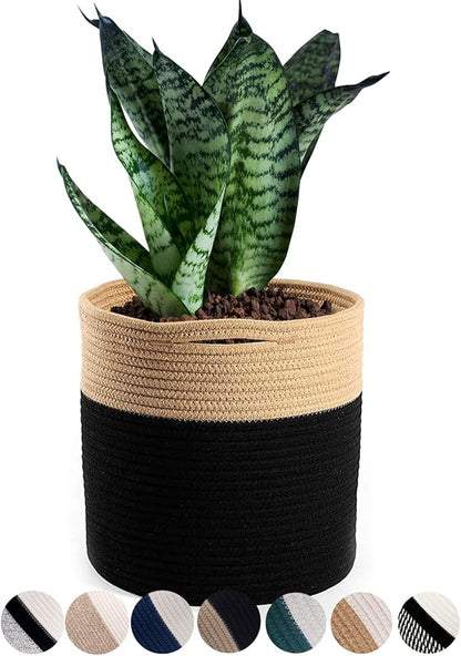Woven Cotton Rope Plant Basket for 10.5" Flower Pot Floor Indoor Planters Flower Pot, Home Decor Storage Organizer H11 x W11 Black&Brown