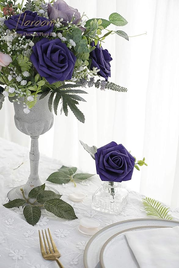Floroom Artificial Flowers 25pcs Real Looking Violet Purple Foam Fake Roses with Stems for DIY Wedding Bouquets Bridal Shower Centerpieces Floral Arrangements Party Tables Home Decorations