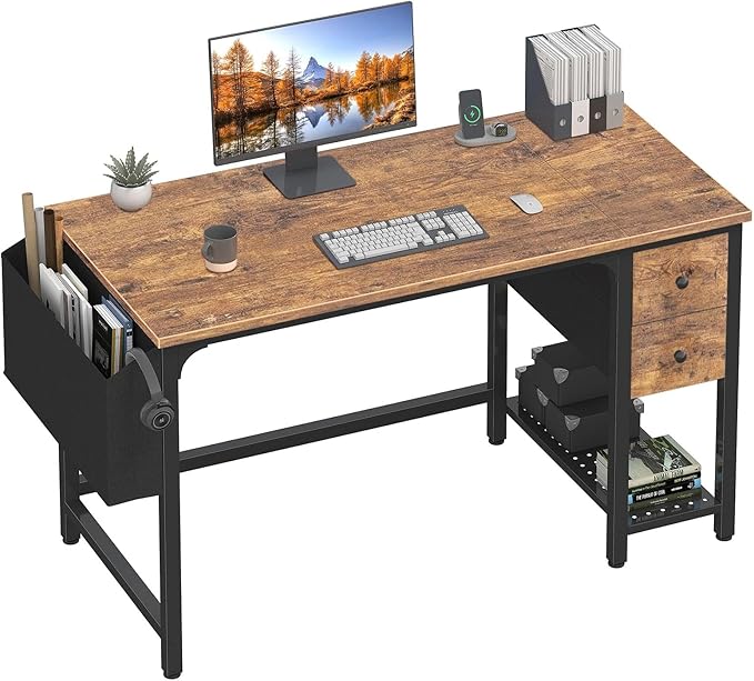 Lufeiya Computer Desk with Fabric Drawers, 47 Inch Desk for Small Space Home Office, Modern Simple Study Writing Table PC Desks for Bedroom, Rustic Brown