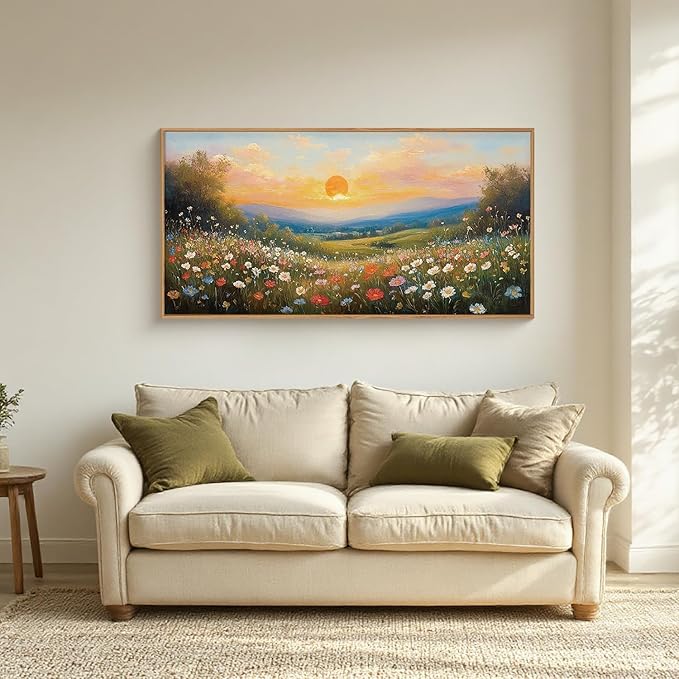 HOURIA Boho Sunrise Wildflower Framed Canvas Wall Art Set,Watercolour Nature Inspired Landscape Wall Decor,Colorful Floral Scenery Artwork,Modern Art Prints for Living Room,Bedroom,Farmhouse-20"x40"x1