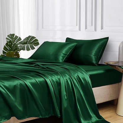 MR&HM Satin Bed Sheets, Twin XL Size Sheets Set, 3 Pcs Silky Bedding Set with 15 Inches Deep Pocket for Mattress (Twin XL, Dark Green)