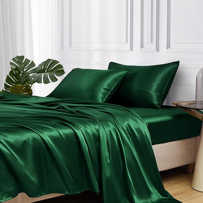 MR&HM Satin Bed Sheets, King Size Sheets Set, 4 Pcs Silky Bedding Set with 15 Inches Deep Pocket for Mattress (King, Dark Green)