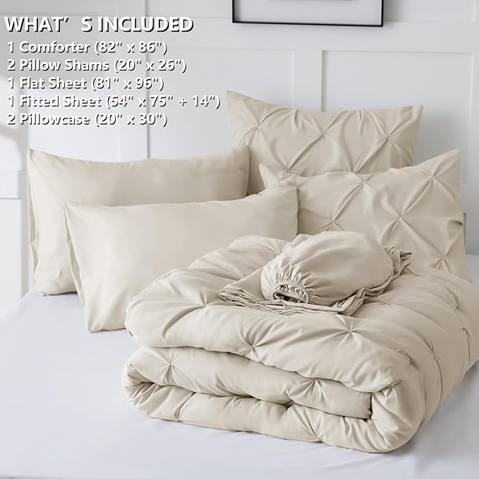 CozyLux Full Size Comforter Sets Oatmeal, 7 Pieces Pintuck Bed in A Bag Oatmeal Comforter Full Size, Pinch Pleat Bedding Sets with All Season Comforter, Sheets, Pillowcases & Shams