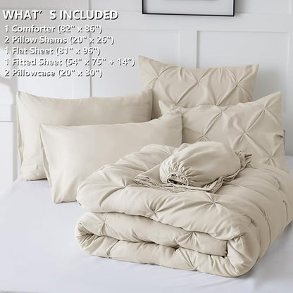 CozyLux Full Size Comforter Sets Oatmeal, 7 Pieces Pintuck Bed in A Bag Oatmeal Comforter Full Size, Pinch Pleat Bedding Sets with All Season Comforter, Sheets, Pillowcases & Shams