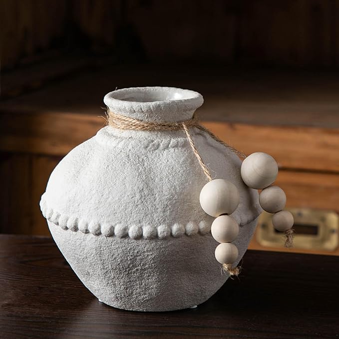 Rustic Ceramic Vase with Boho Wooden Beads, Matte Decorative Pottery for Modern Farmhouse and Bohemian Decor, Floral Arrangements, Bedroom, Shelf, or Side Table Accents