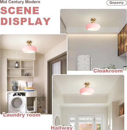 Mid Century Modern Flush Mount Ceiling Light Vintage Pink Close to Ceiling Light Fixtures Overhead Light Gold Glass for Kids Room Hallway Living Room Kitchen