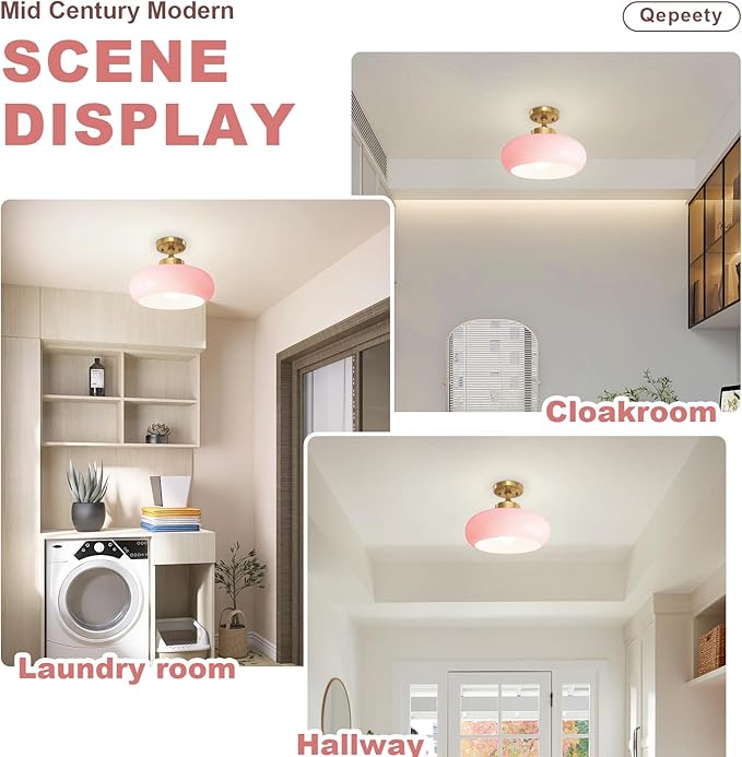 Flush Mount Ceiling Light, 2-Pack 11.02 Inch Pink Glass Close to Ceiling Light Glass Shade Golden Modern Lighting Farmhouse Hallway Light Fixtures for Hotel Entryway Girls Bedroom Foyer