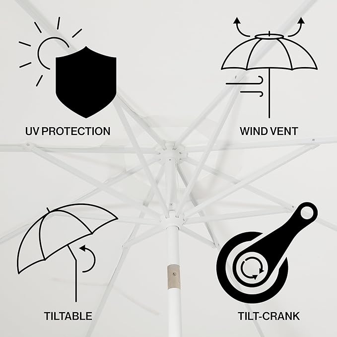 JONATHAN Y UMB1002D Tracy 9 ft. Classic MidCentury Scalloped Fringe Market Patio Umbrella with Auto-Tilt, Crank, Wind Vent and UV Protection in White/Black