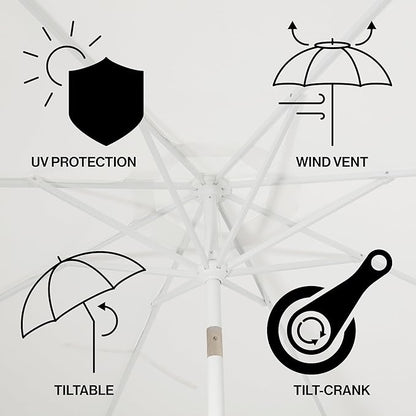 JONATHAN Y UMB1002D Tracy 9 ft. Classic MidCentury Scalloped Fringe Market Patio Umbrella with Auto-Tilt, Crank, Wind Vent and UV Protection in White/Black