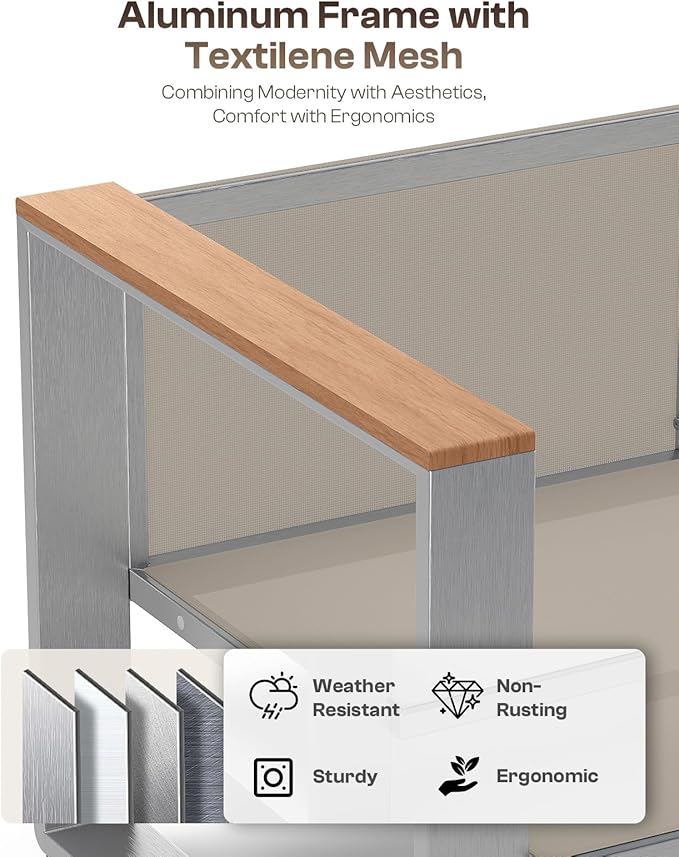 Outdoor Furniture Set, 4 Piece Aluminum Patio Furniture Set with Wide Outdoor Seating and Thick Cushions, Modern Outdoor Patio Conversation Sets for Deck, Porch (Teak-Gray)