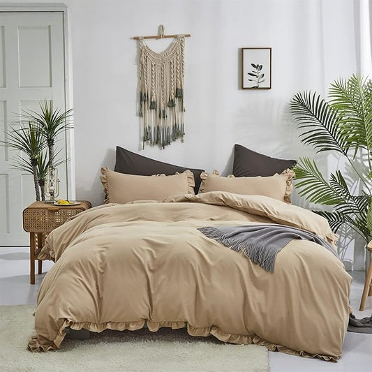 CLOTHKNOW Taupe Ruffles King Size Comforter Set 3Pcs Farmhouse Bedding Comforter Sets Champagne Comforter Light Brown Comforter with 2 x Pillow Cases