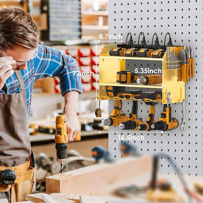 CCCEI Modular Power Tool Organizer Wall Mount with Charging Station. Garage 4 Drill Storage Shelf with Hooks, Drill Bit Heavy Duty Rack, Gold Tool Battery Holder Built in 8 Outlet Power Strip.
