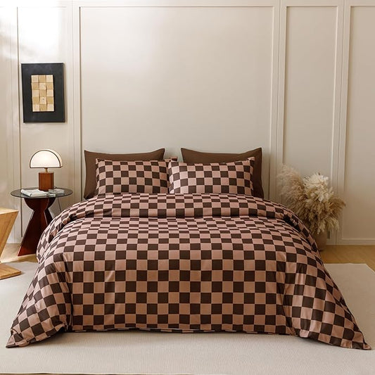 CLOTHKNOW Brown Plaid King Size Comforter Set Grid Bedding Comforter Sets Checker Geometric Comforter with 2 x Pillow Cases
