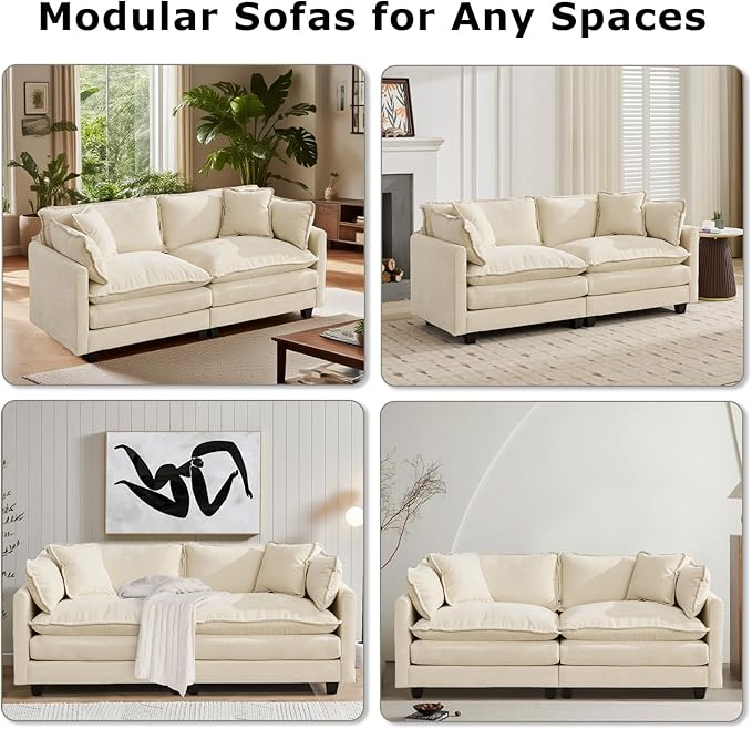 SoarFlash 71.6" Chenille Sectional Sofa, Comfy L Shaped Modular Coush Sofa with Ottoman, Modern 2 Seat Couch Deep Seat Sofa Set for Living Room,Beige