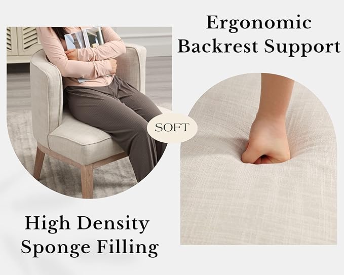 Comfy Barrel Chair Mid Century Modern Accent Chair with Solid Wood Leg Upholstered Reading Arm Chair Linen Fabric Waiting Room Round Side Chairs for Small Spaces Living Room Bedroom Office, Beige