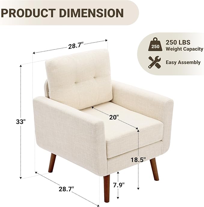 Tbfit Linen Fabric Accent Chair, Mid Century Modern Armchair for Living Room, Bedroom Button Tufted Upholstered Comfy Reading Accent Chairs Sofa(Beige)