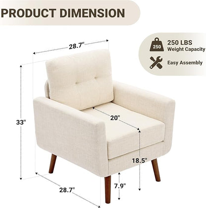 Tbfit Linen Fabric Accent Chair, Mid Century Modern Armchair for Living Room, Bedroom Button Tufted Upholstered Comfy Reading Accent Chairs Sofa(Beige)